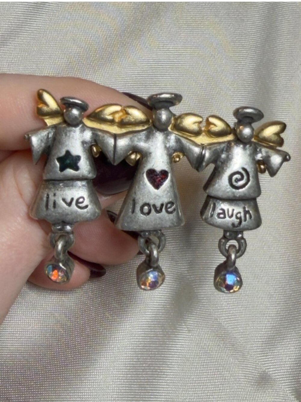 AJMC Vintage Angel Brooch Live Love Laugh Dangle Rhinestone 2.2"